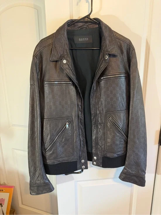 Gucci Dark Brown Embossed GG Leather Bomber Jacket