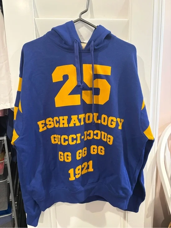 Gucci 25 Eschatology 1921 Graphic Hoodie Blue Yellow Loopback Cotton