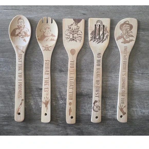 Horror Movie Wood Utensil Set 5pc Michael Myers Jason Ghostface Freddy Penny..