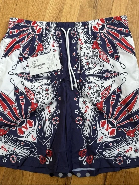 Gucci Men’s Navy, White & Red Graphic Swim Shorts
