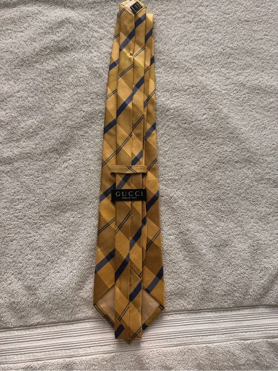 Gucci Mustard Yellow and Navy Diagonal Plaid Silk Tie