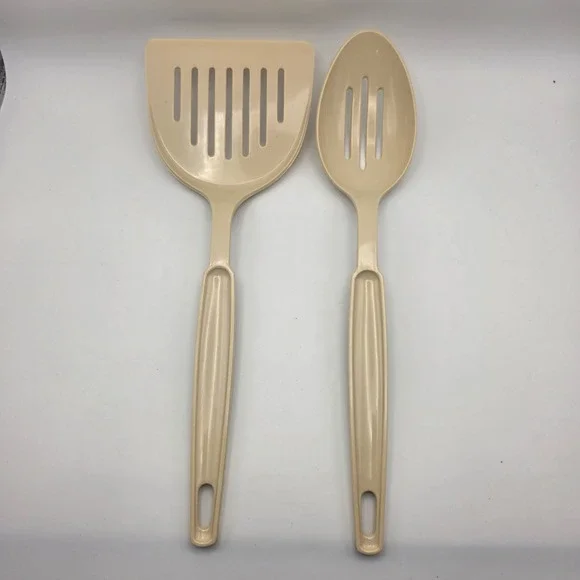 Vintage EKCO Almond Beige Slotted Spatula and Spoon Set USA Made Dishwasher Safe