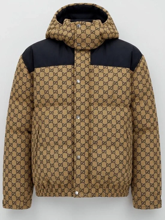 Gucci Men's GG Beige Black Puffer Jacket Canvas Goose Down Hooded  Size 48 M