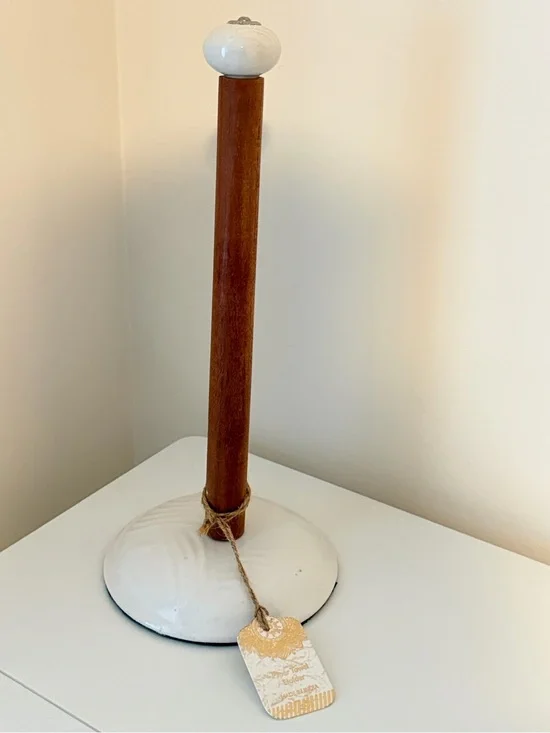 Farmhouse Aluminum & Wood Paper Towel Holder Countertop Kitchen Roll Stand White
