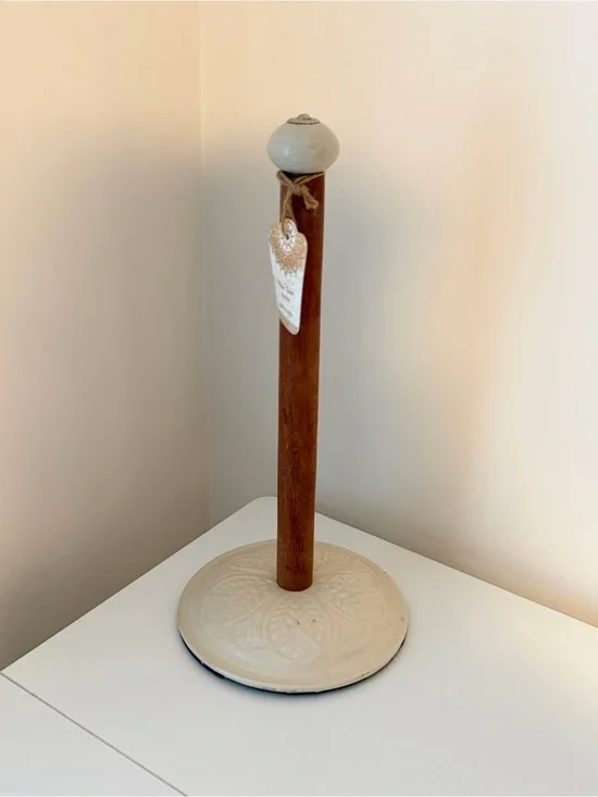 Rustic Wood & Aluminum Paper Towel Holder Farmhouse Kitchen Counter Stand