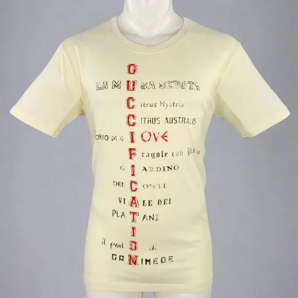 GUCCI Size S Cream Red Black Print Short Sleeve T-shirt