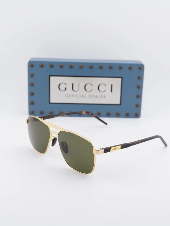 Gucci GG1164S 004 Aviator Sunglasses - Gold/ Green