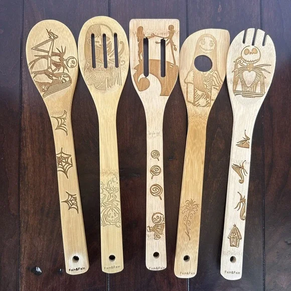 Kitchen Slotted Spoon Nightmare Before Christmas Bamboo Cooking Utensil 5 Pc Set