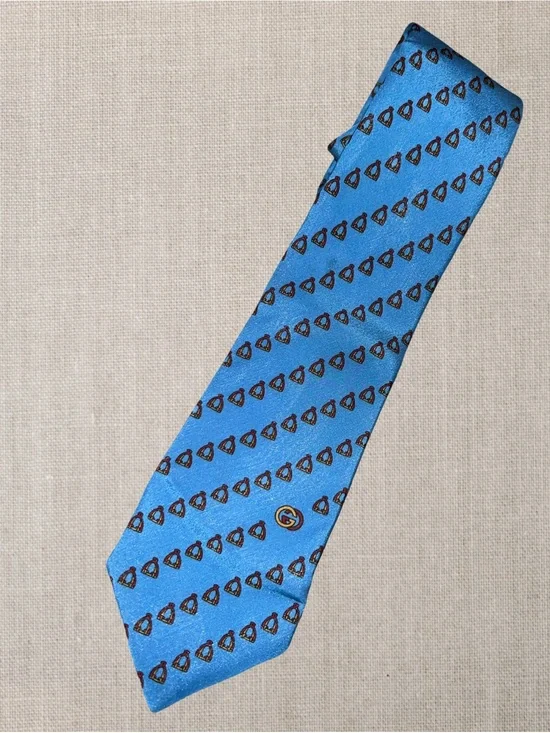 Vintage Gucci Silk Tie Blue Equestrian Stirrup Pattern Double G Logo