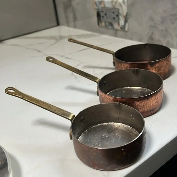 Set of 3 French Antique Copper Measuring Cups with Brass Handle