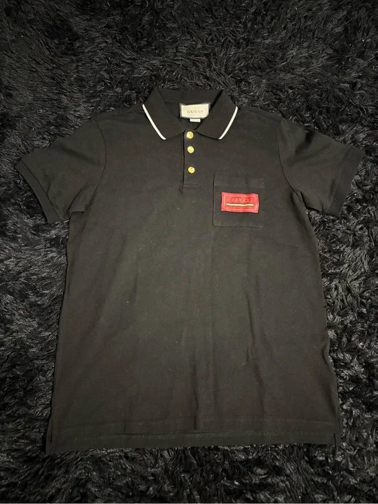 Gucci Black Polo Shirt With Red Logo Patch