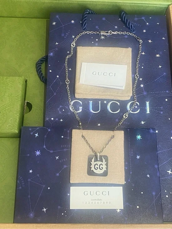 Gucci Silver Tone Square GG Pendant Necklace