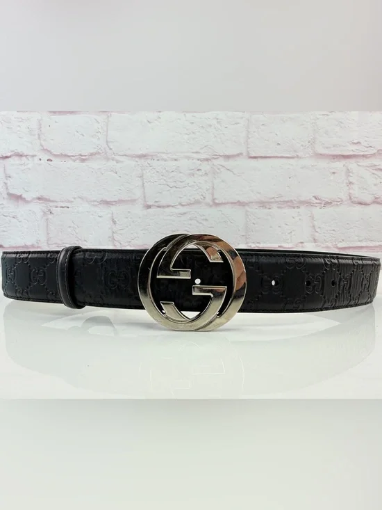 Authentic Gucci Guccissima Black Mens Leather Belt Gg Interlocking 90/36 411924