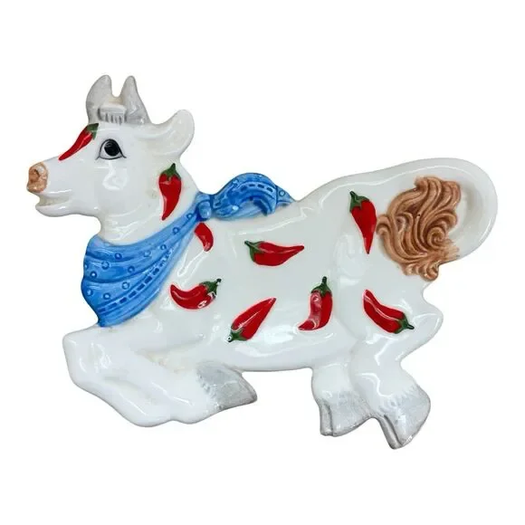 OTAGIRI Vintage Cow Chili Pepper Ceramic Spoon Rest WallHanging Figurine 7