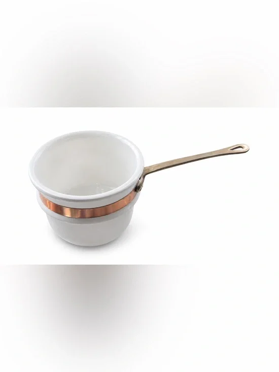 Vintage French White Porcelain Saucepan Copper Band Brass Handle MCM Cookware