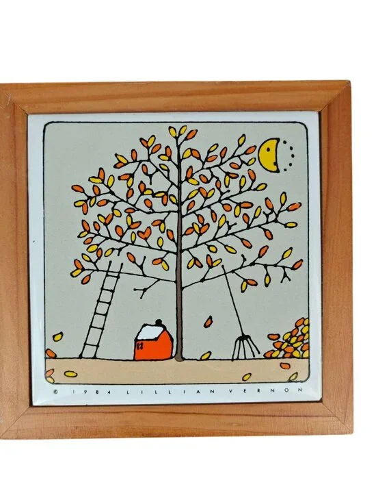 Vintage Lillian Vernon Trivet Tile Art Framed Wall Décor Autumn Tree Taiwan 1984
