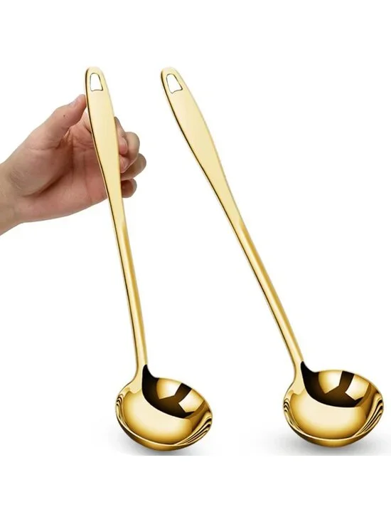 2Pcs Gold Stainless Steel Soup Ladles - Long Handle Serving Spoons for Cooking
