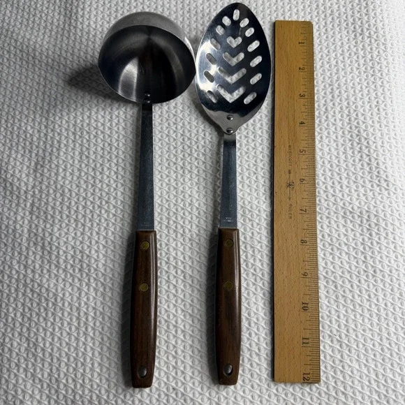 Vintage Stainless USA Kitchen Utensil Set Ladles Slotted Spoons Brown Black Wood