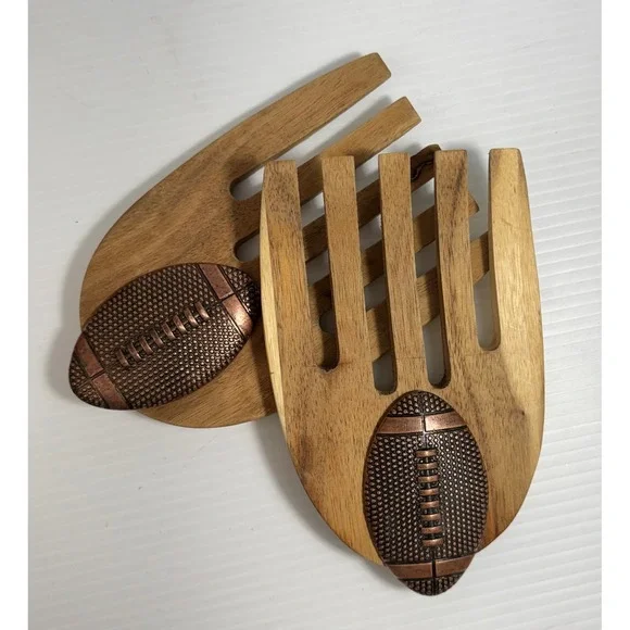 Handcrafted Wooden Salad Hands / Tossers with Copper-Accented Football Applique