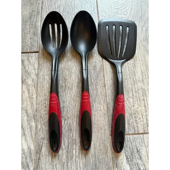 Tailor Made Kitchen Utensil Set 3 pc Black Red Nylon Slotted Spoons Turner USA