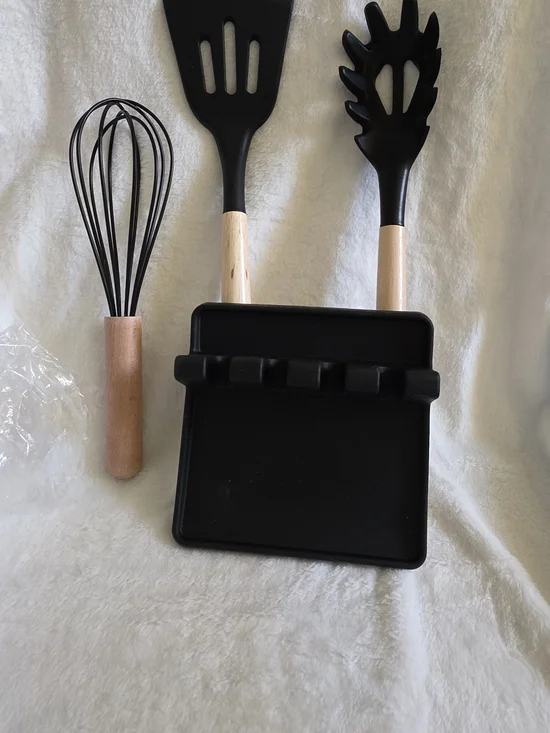 Wood Handle Black Kitchen Utensil Set - 3 Piece With Spoon/utensil Silicone Rest
