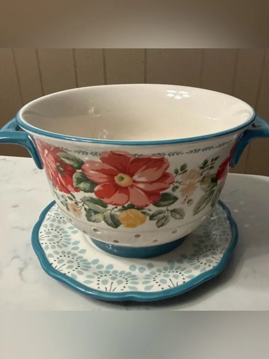Pioneer Woman Ceramic Colander Strainer & Drip Plate Flea Market Pattern