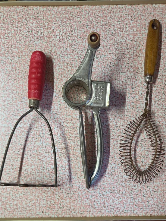 Kitchen Utensil Lot 3pc Mouli France Cheese Grater Masher Spring Whisk Wood Hand