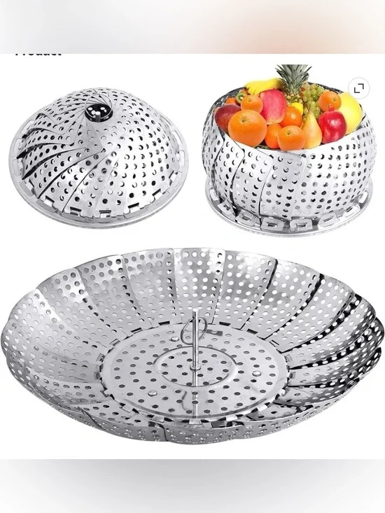 stainless steel collapsible vegetable steamer basket with a center pull handle