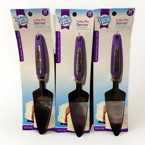 Baked With Love Cake Pie Server 10” Serrated Edge Cutter Purple Handle Lot Of 3