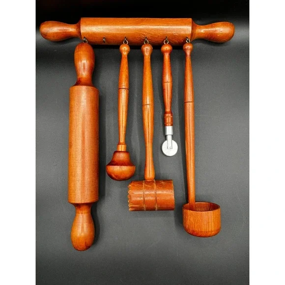 Vintage Wooden‎ Hanging Kitchen Utensil Set Rolling Pin Meat Mallet 6 Pc.