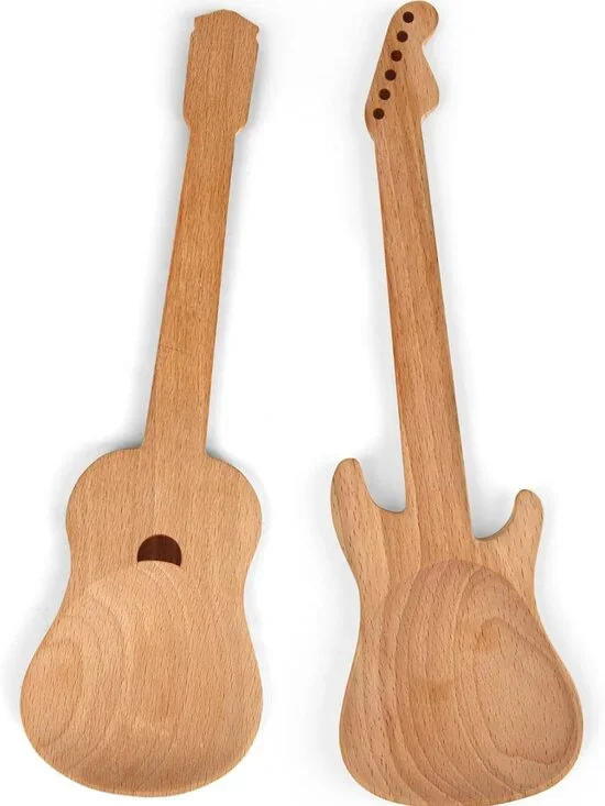 Set of 2 Novelty Guitar Wooden Spoons – Heat Resistant Beechwood Kitchen