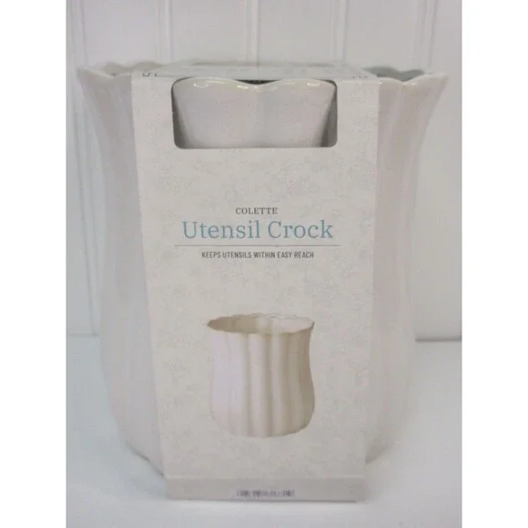 Pioneer Woman Colette Stoneware Utensil Holder White Scalloped Farmhouse Crock