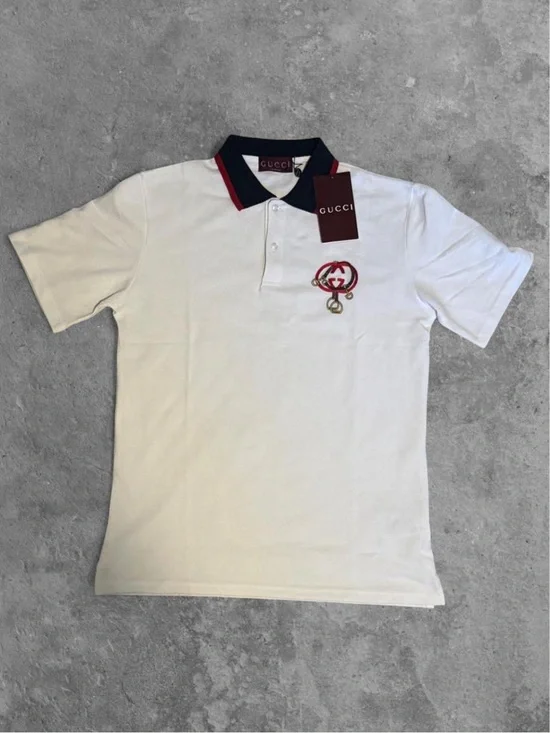 Gucci White Polo with Navy Collar and Red Trim Embroidered Crest