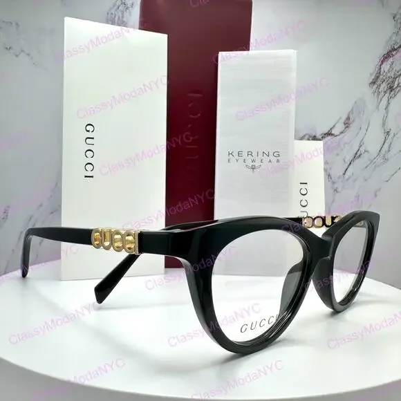 New GUCCI Eyeglasses Black 50mm Acetate Cat Eye Gold Cut Out Metal Logo Rx-able
