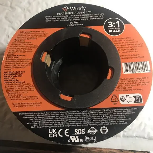 Wirefy Heat Shrink Tubing 1/8” 50 Feet Black 3:1 Shrink — New Factory Sealed