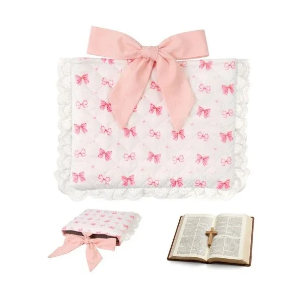 Bible Sleeve Women OS- Pink Quilted Bow Lace Trim Padded Protector NIB