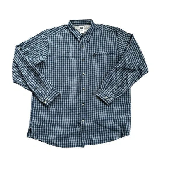 The North Face Navy Plaid Shirt Sz XL  Zip Chest Pocket Roll Tab Sleeve Casual
