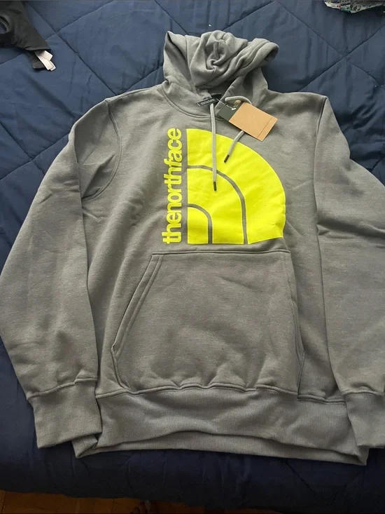 The North Face Men's Gray Pullover Hoodie with Neon Yellow Logo