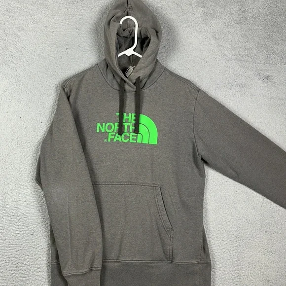 The North Face Hoodie Mens Medium Grey Neon Green Graphic Pullover Sweatshirt