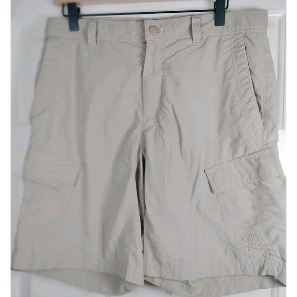 The North Face Horizon Cargo Shorts Men 32 Khaki‎ Tan Nylon Ripstop Hiking Flaws