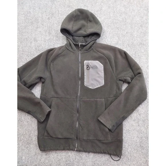 The North Face Jacket Mens Medium Dark Gray Fleece Full Zip Hooded Chest‎ Pocket