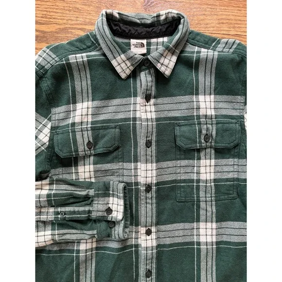 The North Face Shirt Mens Medium Green White Plaid Flannel Button Hiking Pockets