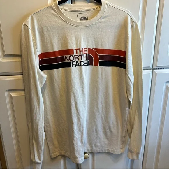 The North Face Cream Long Sleeve Tee with Black Logo Stripe