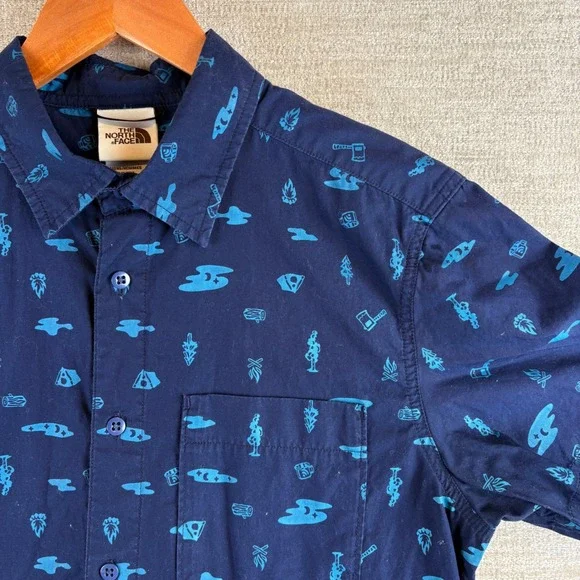 The North Face Men Blue Baytrail Aviator Navy Camp Tools Pattern Shirt M Outdoor