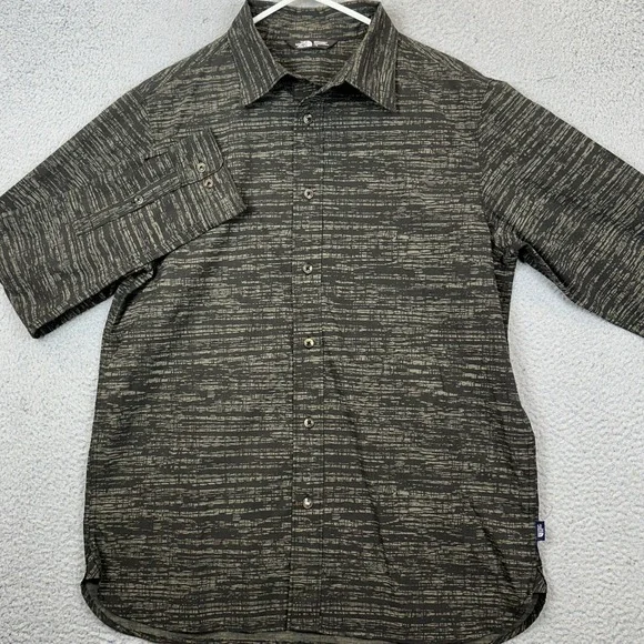 The North Face Shirt Mens Large Olive Green Geometric Button Up Long Sleeve Logo