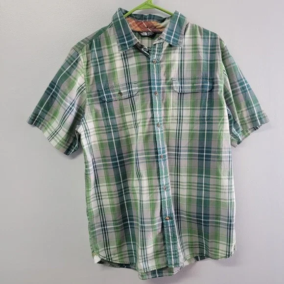 The North Face Mens Large‎ Green Plaid Short Sleeve Button Up Shirt Hiking