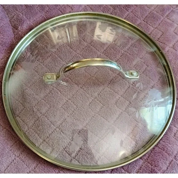 VTG 10” Tempered Glass Pot Lid w/ Metal Rim & Handle Etched Logo