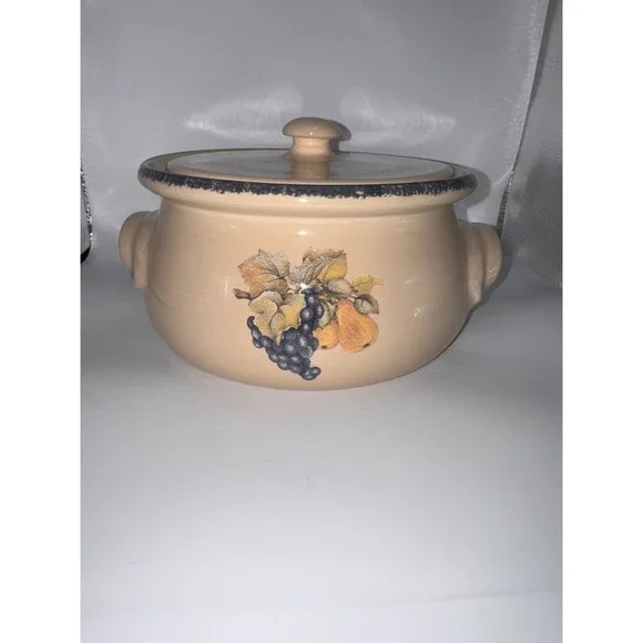 Vintage Ceramic Bean Pot with Lid Fruit Motif Grapes Pears Tan Stoneware Crock