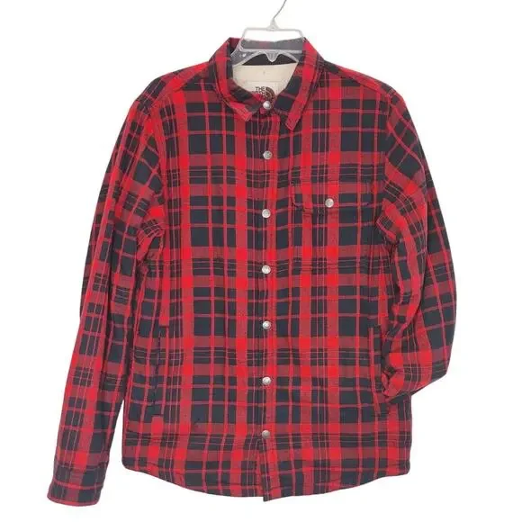 The North Face Sherpa Lined Flannel Shirt Jacket Button Up Plaid Red Mens Small
