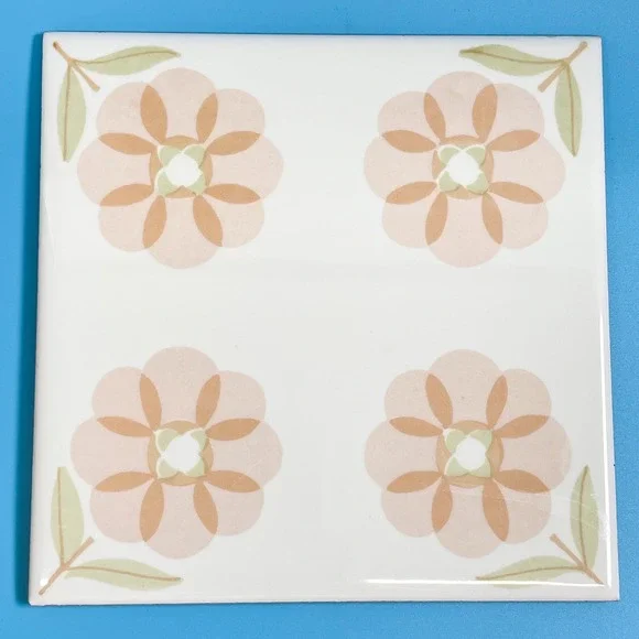 Vintage Floral Ceramic Tile Trivet Peach Green Retro 6x6 Boho‎ 70s Mod Retro